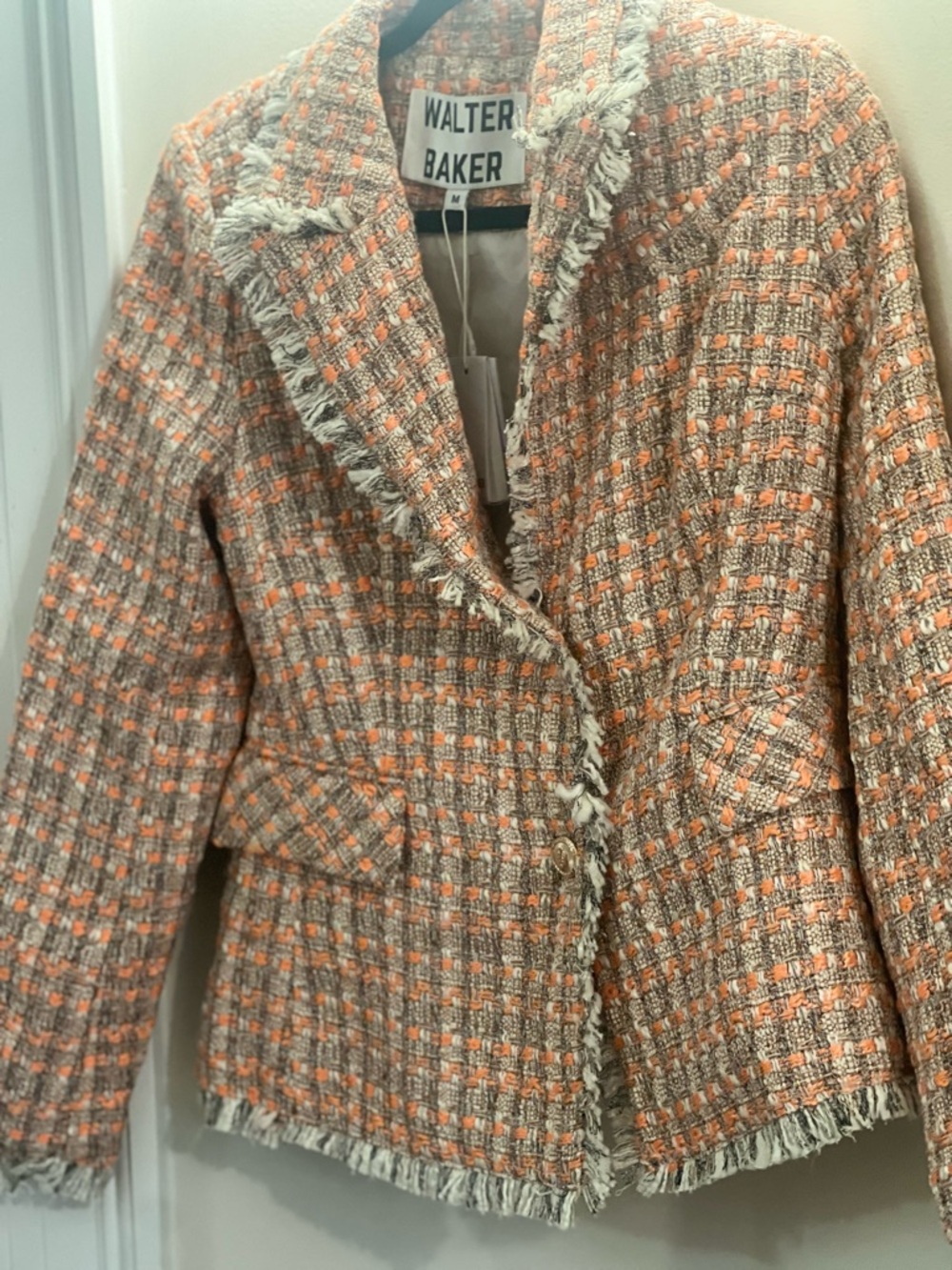 Walter Baker Orange and Cream Tweed Fringe Blazer
